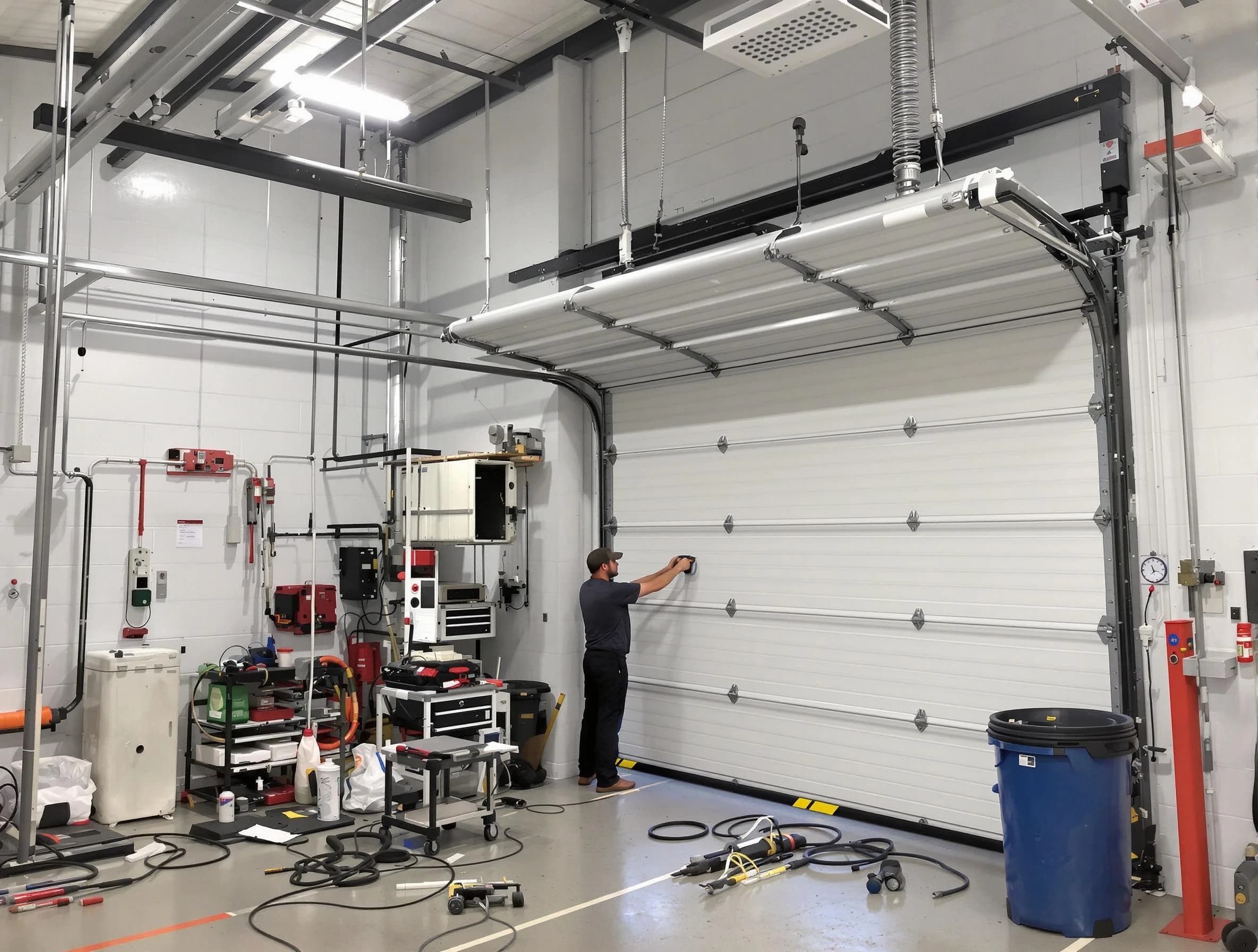 Johns Creek Garage Door Repair certified technician performing commercial door repair at a Johns Creek business facility
