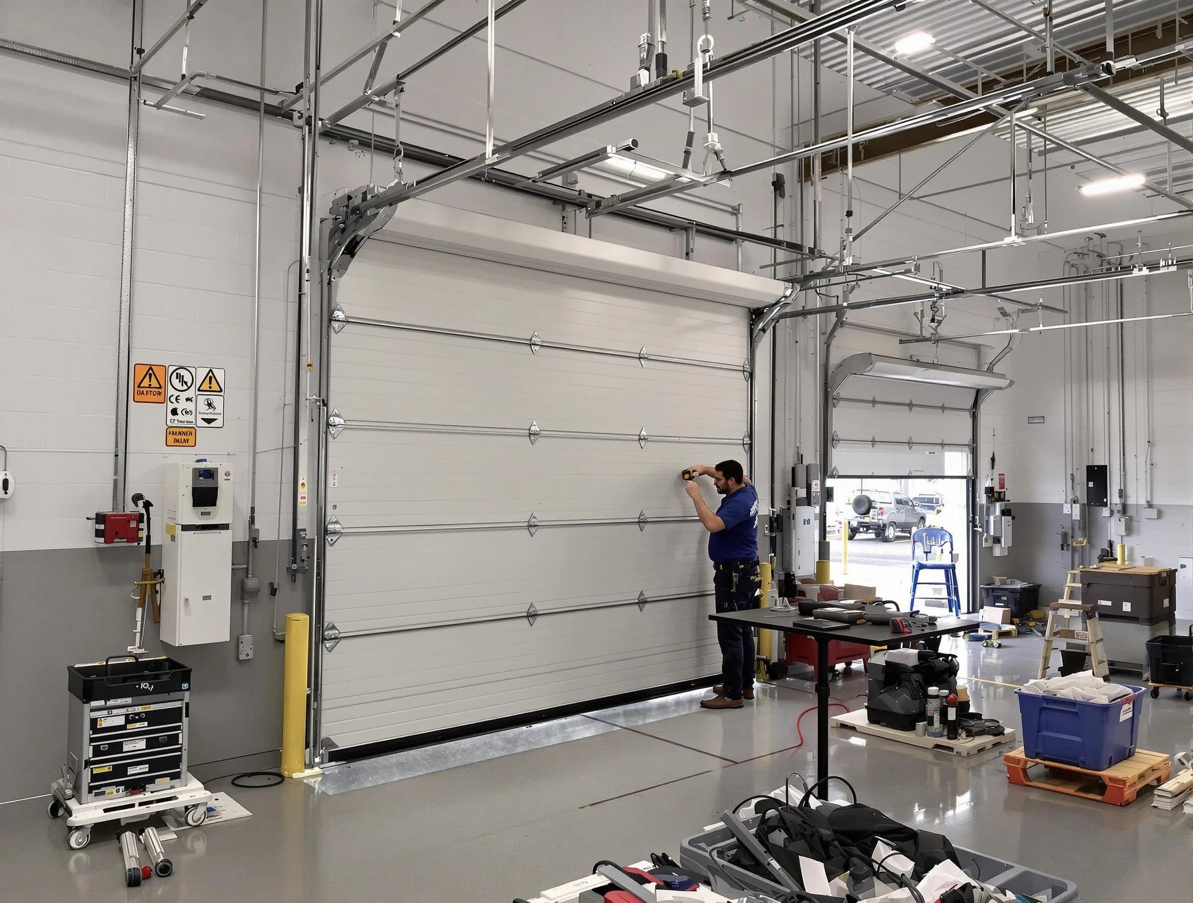 Commercial garage door repair being performed by Johns Creek Garage Door Repair expert in Johns Creek