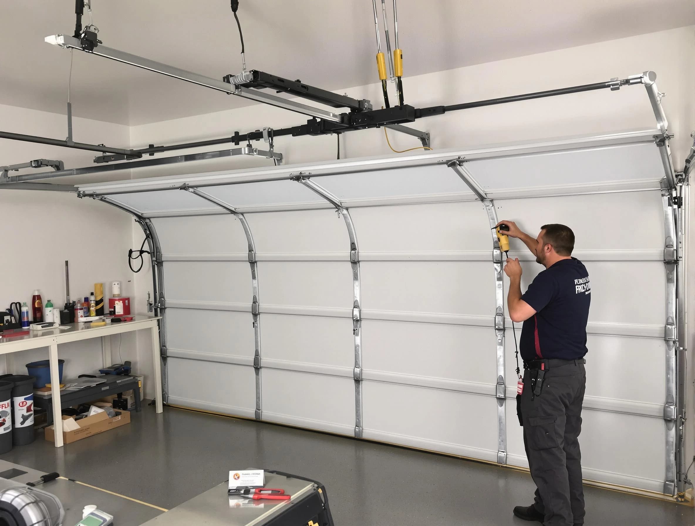 Johns Creek Garage Door Repair certified technician performing overhead door system repair in Johns Creek