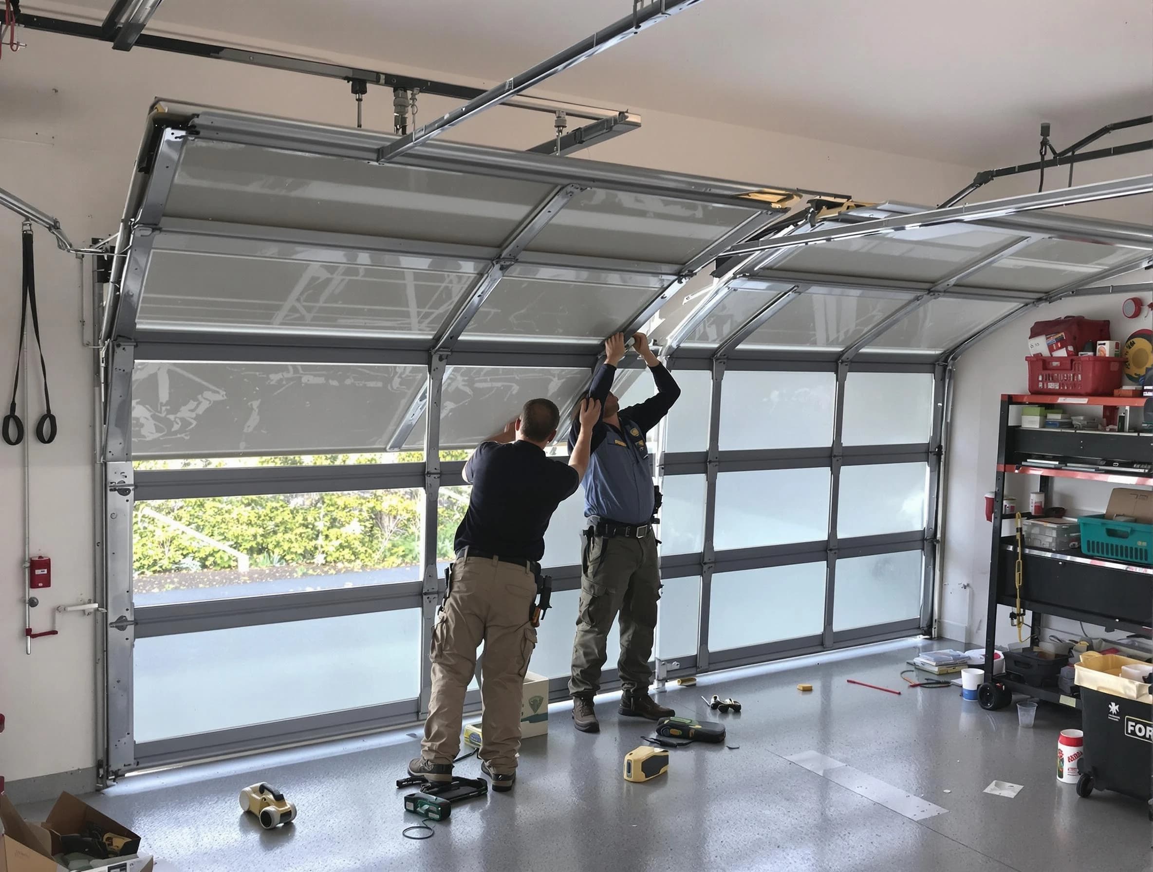 Johns Creek Garage Door Repair expert performing precise panel replacement on Johns Creek garage door
