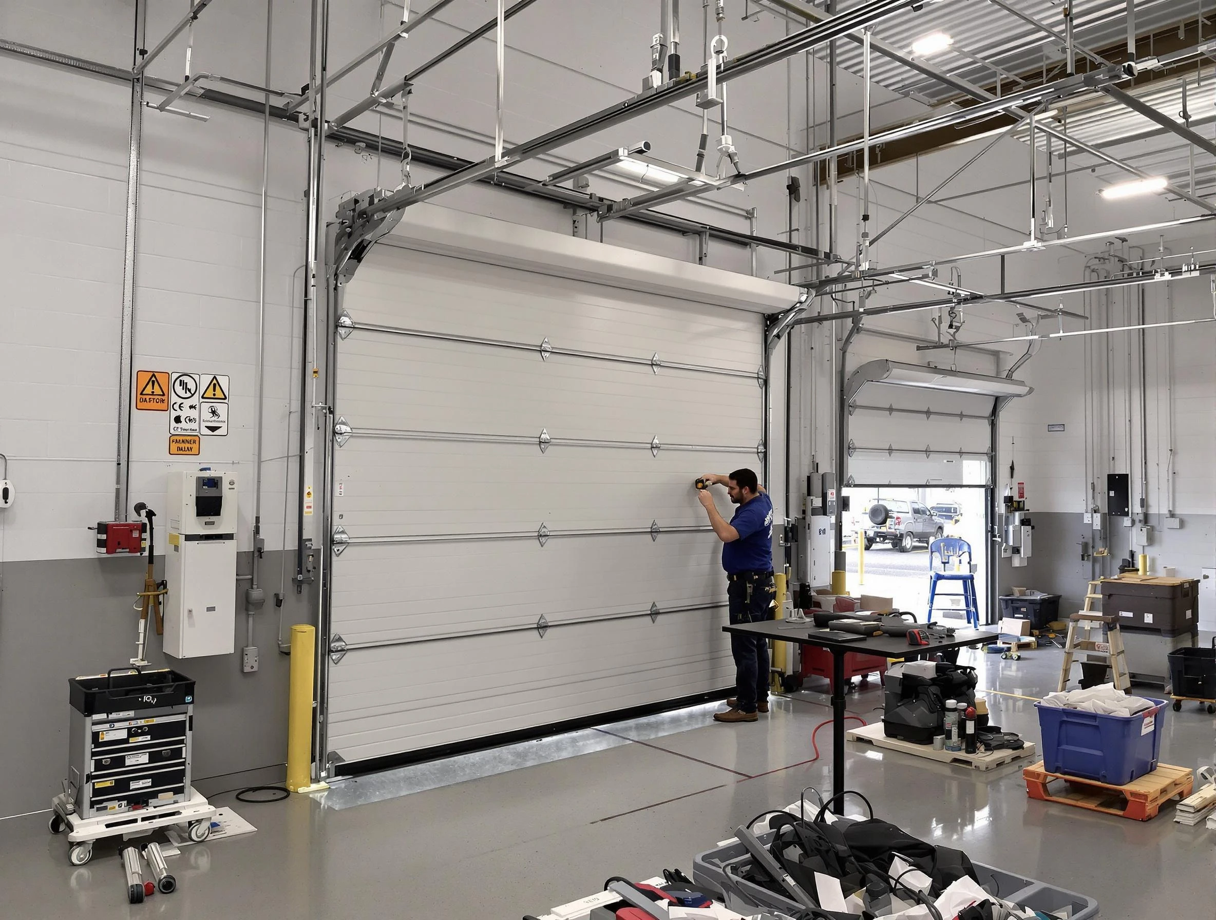 Commercial garage door repair being performed by Johns Creek Garage Door Repair expert in Johns Creek