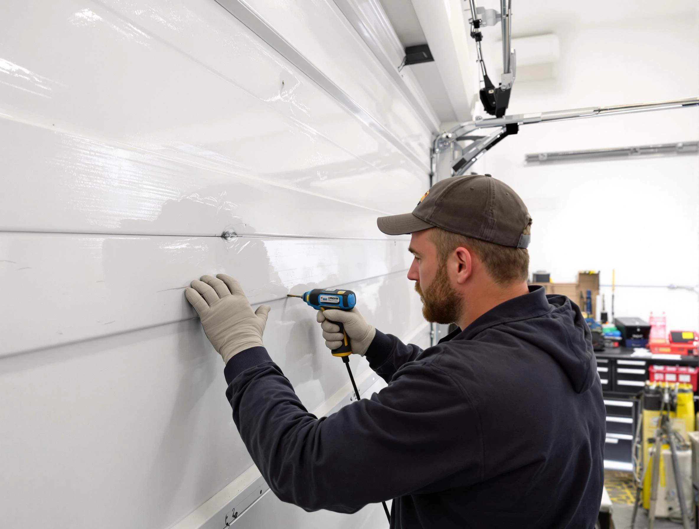 Johns Creek Garage Door Repair technician demonstrating precision dent removal techniques on a Johns Creek garage door