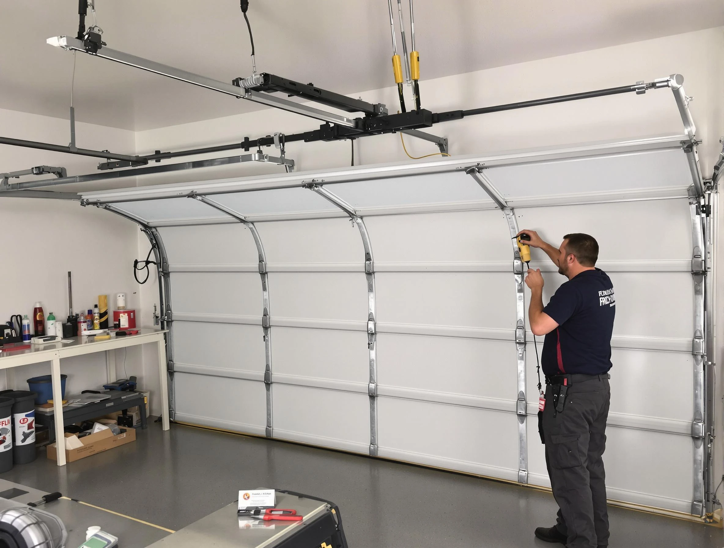 Johns Creek Garage Door Repair certified technician performing overhead door system repair in Johns Creek